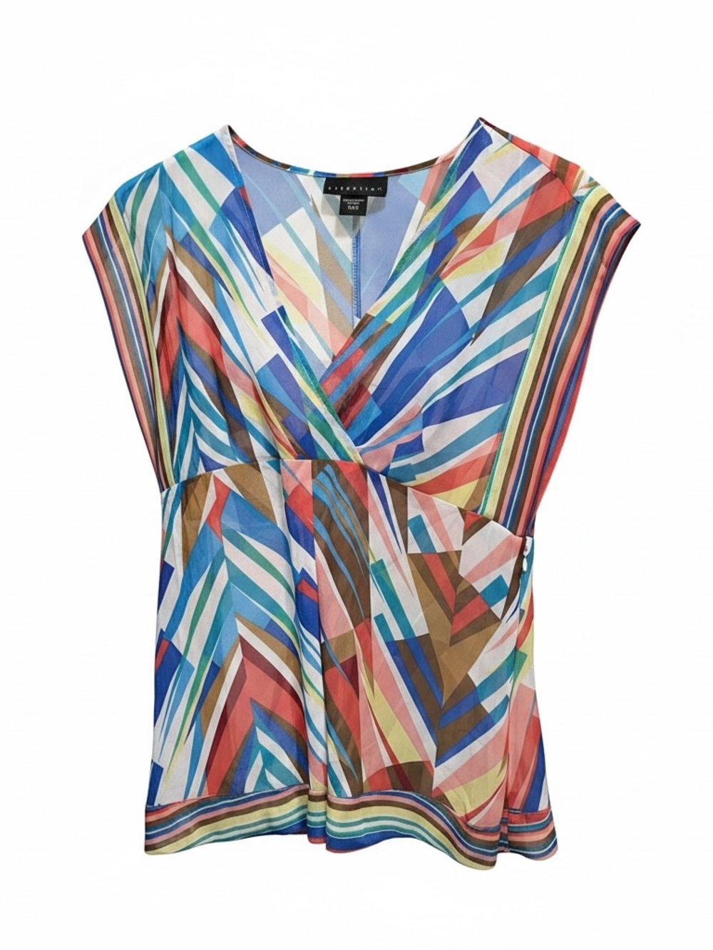 attention Multi-Color Abstract V-Neck Cap Sleeve Blouse